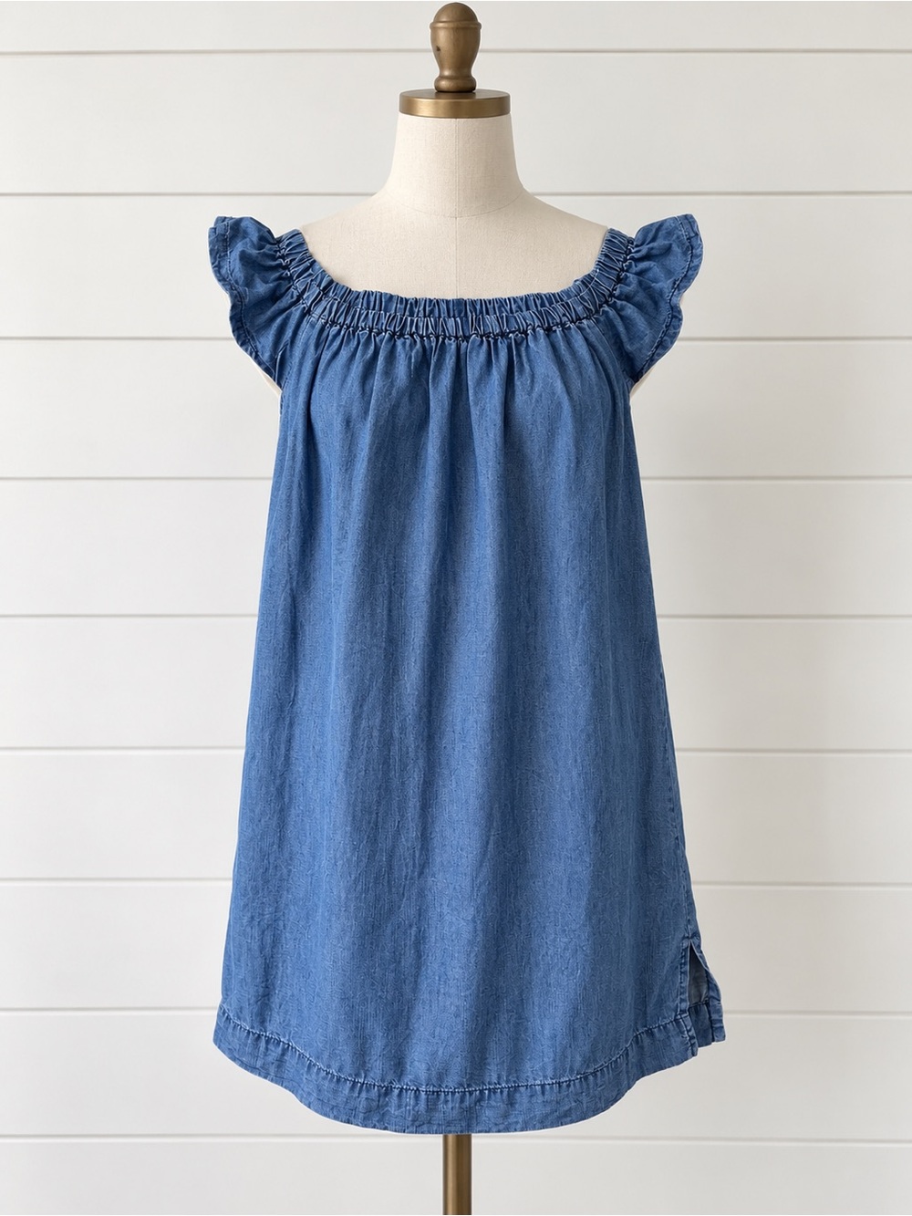 cloth & stone Blue Chambray Ruffle Shoulder Dress